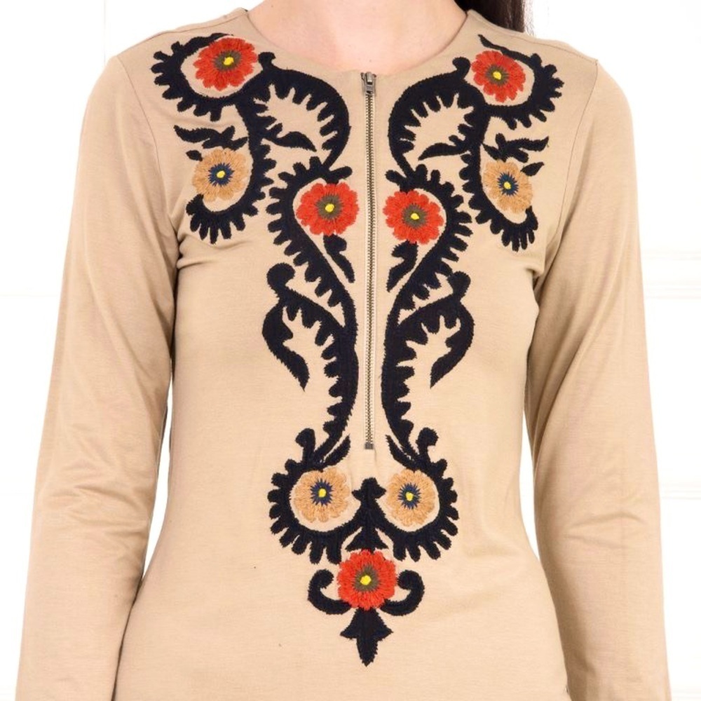 Vintage Ritu Kumar Tan Long Sleeve Boho Dress Red & Black Embroidered Size 4 - Picture 10 of 11